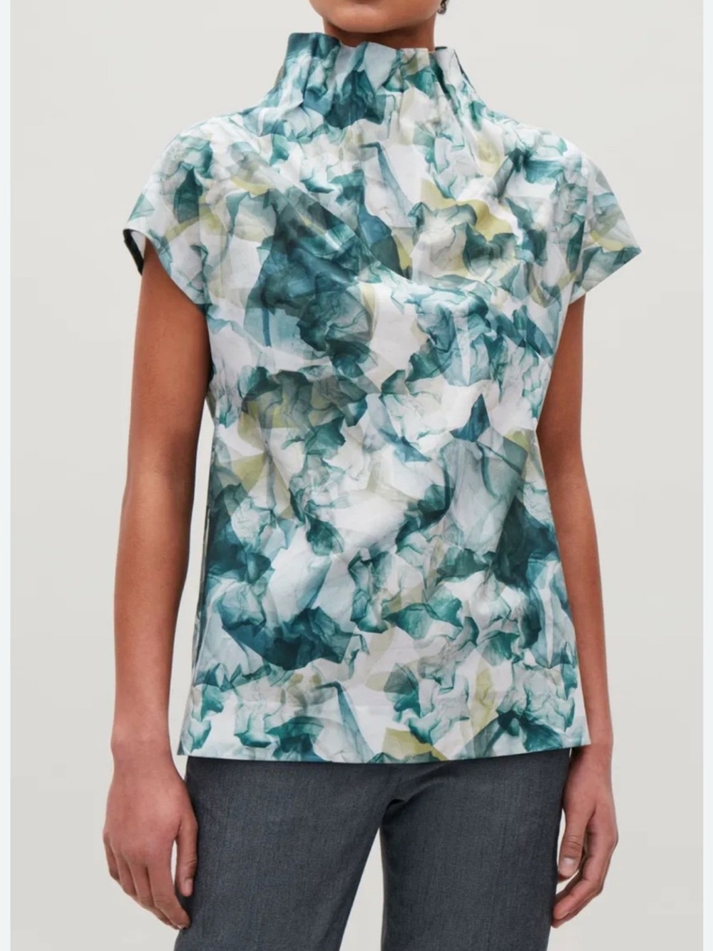 COS Abstract Watercolor Print High Neck Cotton Blouse